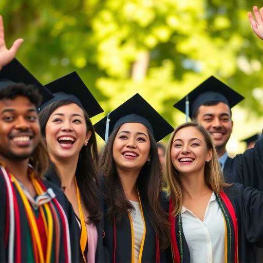 A group of diverse graduates smiling and celebrating their success.